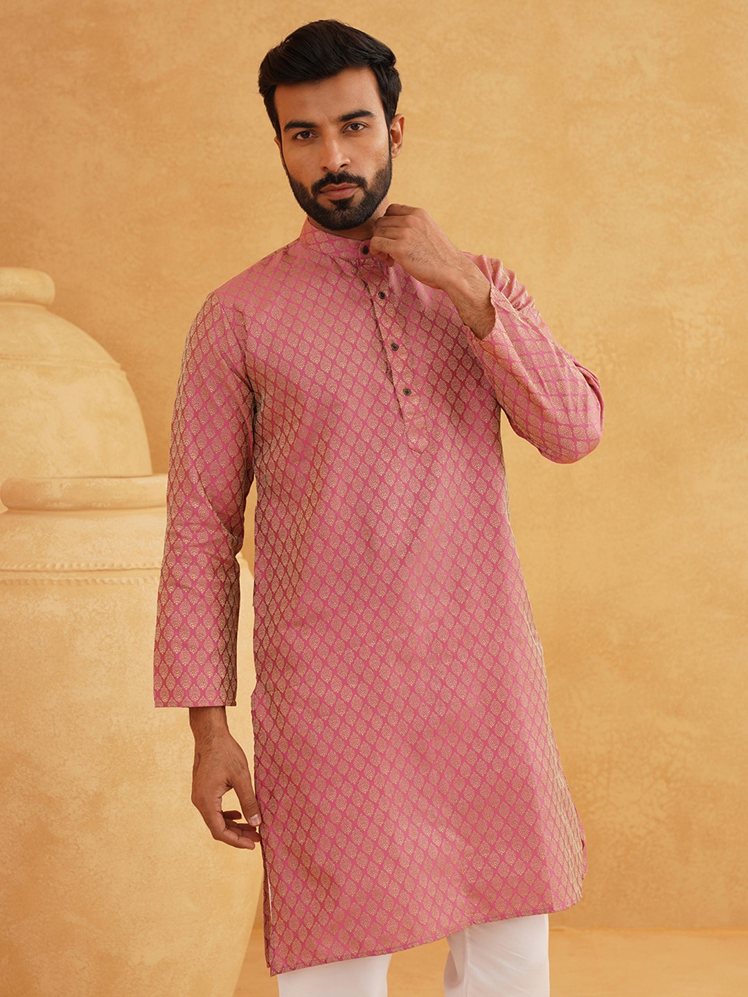 

SOJANYA Ethnic Motifs Woven Design Band Collar Long Sleeves Kurta, Pink