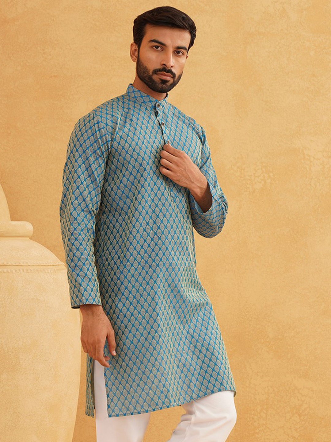 

SOJANYA Ethnic Motifs Woven Design Band Collar Long Sleeves Straight Kurta, Blue