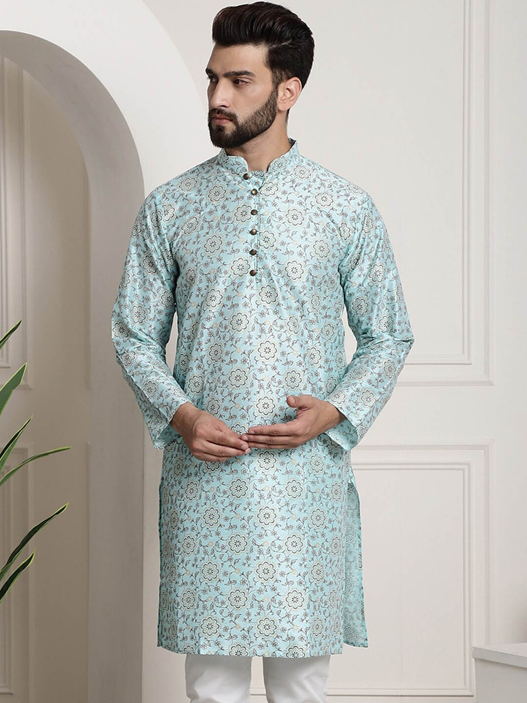 

SOJANYA Floral Woven Design Mandarin Collar Silk Cotton Kurta, Sea green