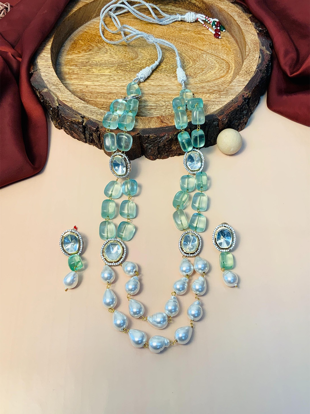 

ABDESIGNS Kundan Beaded Pearls Necklace and Earrings Jewellery Set, Green