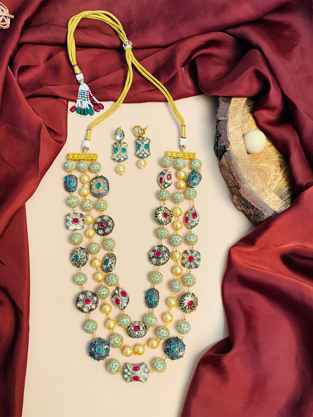 

ABDESIGNS Stone-Studded Beaded Layered Jewellery Set, Gold