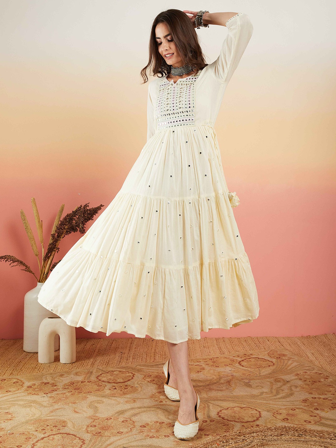 

Sangria Embellished Pure Cotton A-line Midi Dress, Cream