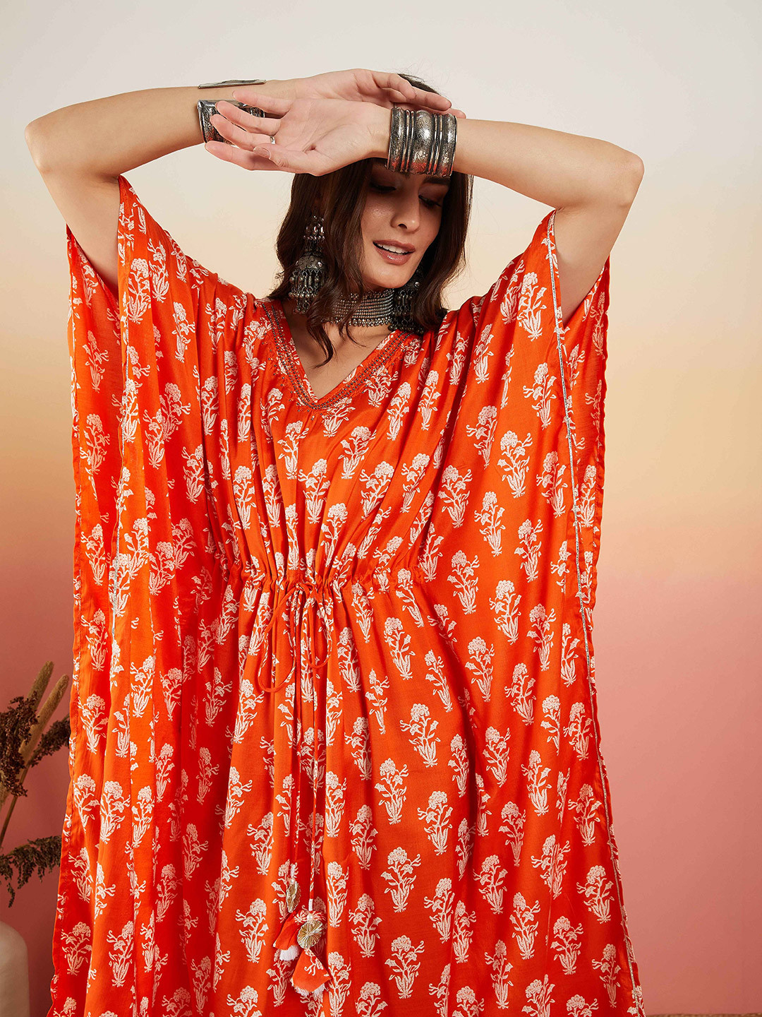 

Sangria Floral Printed Flared Sleeves Gathered Kaftan Midi Dress, Orange