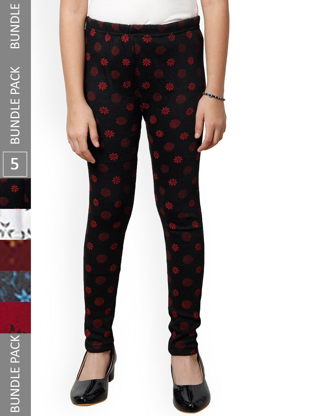 

IndiWeaves Girls Pack Of 5 Printed Wool Churidar-Length Leggings, White