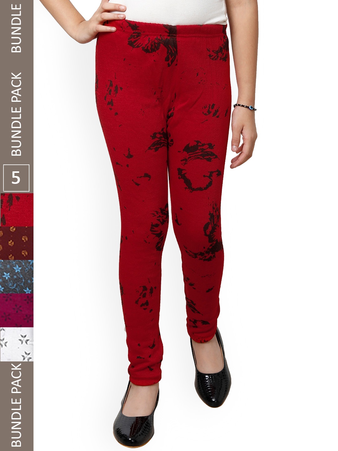 

IndiWeaves Girls Pack Of 5 Printed Wool Leggings, Red