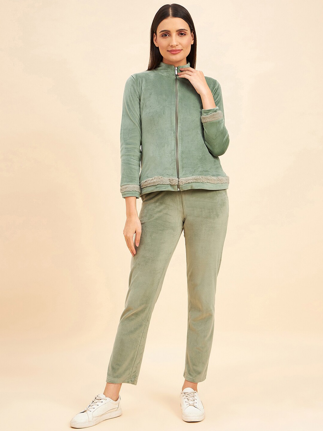 

Sweet Dreams Green Mock Collar Mid-Rise Tracksuits