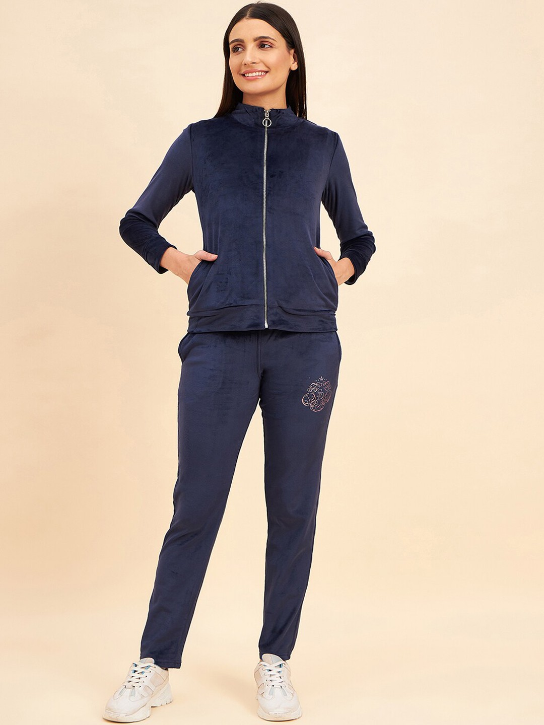 

Sweet Dreams Mock Collar Mid-Rise Tracksuits, Navy blue