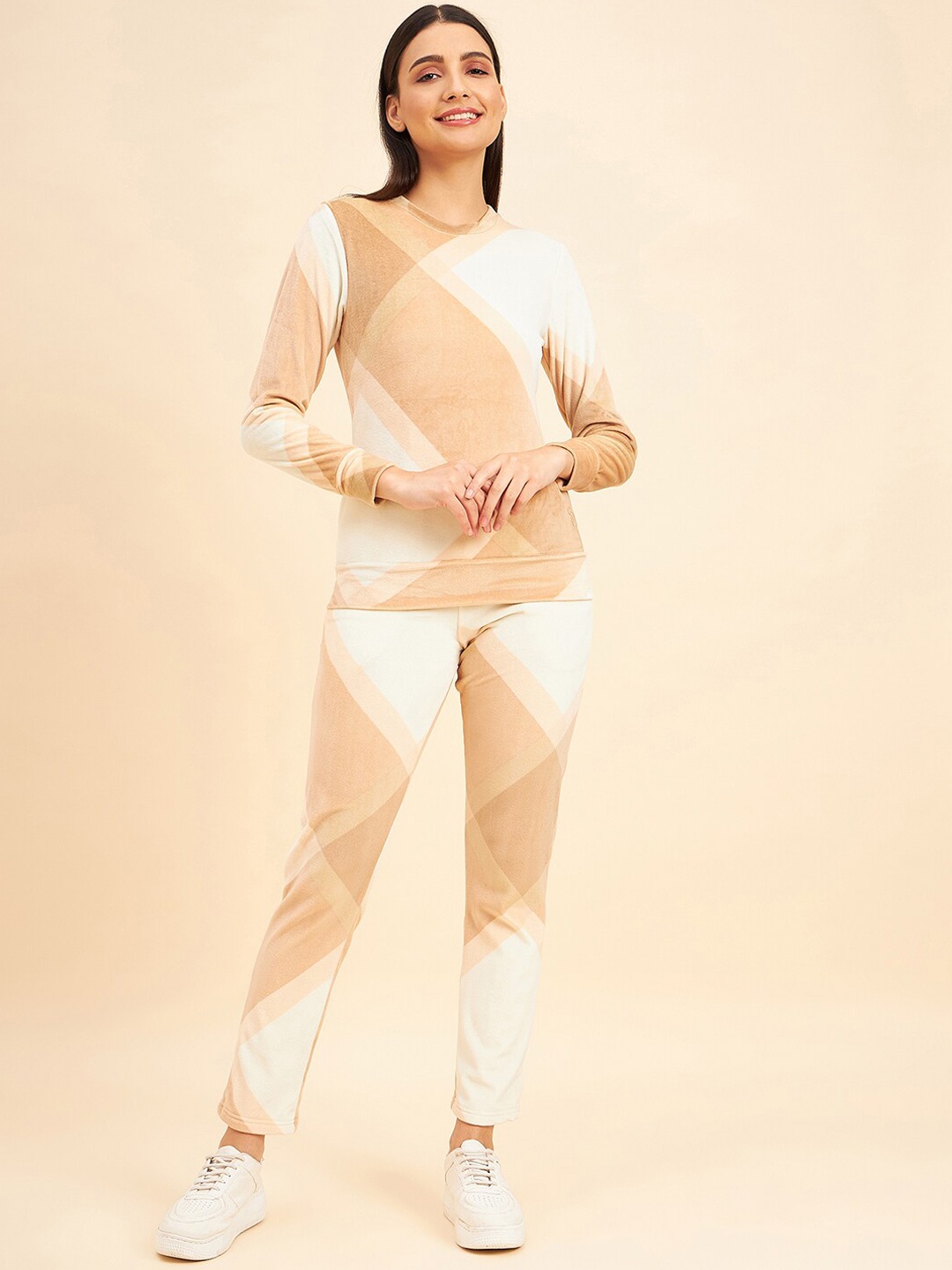 

Sweet Dreams Beige & White Colourblocked Mid-Rise Tracksuits