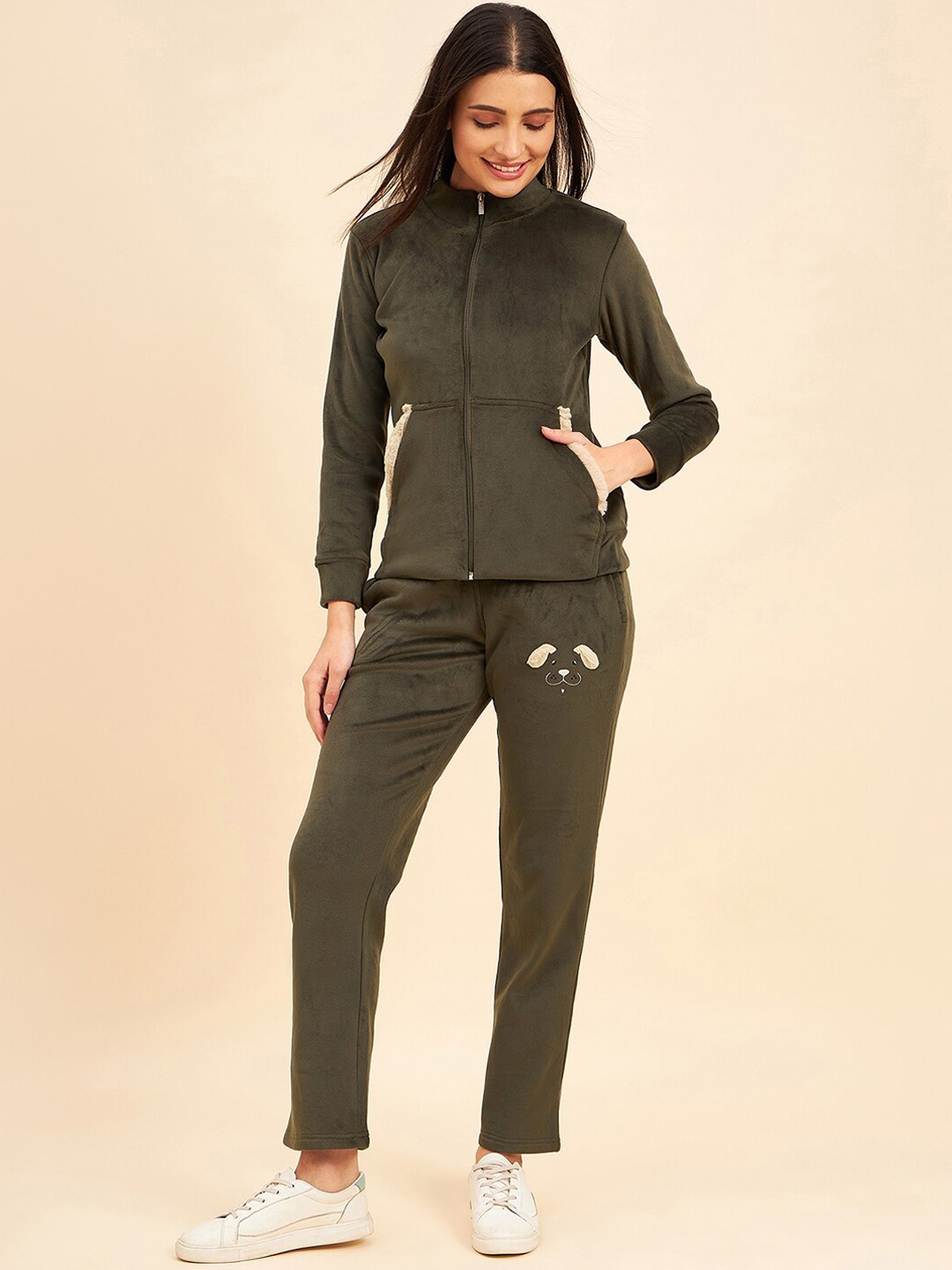 

Sweet Dreams Olive Green Mock Collar Mid-Rise Tracksuits