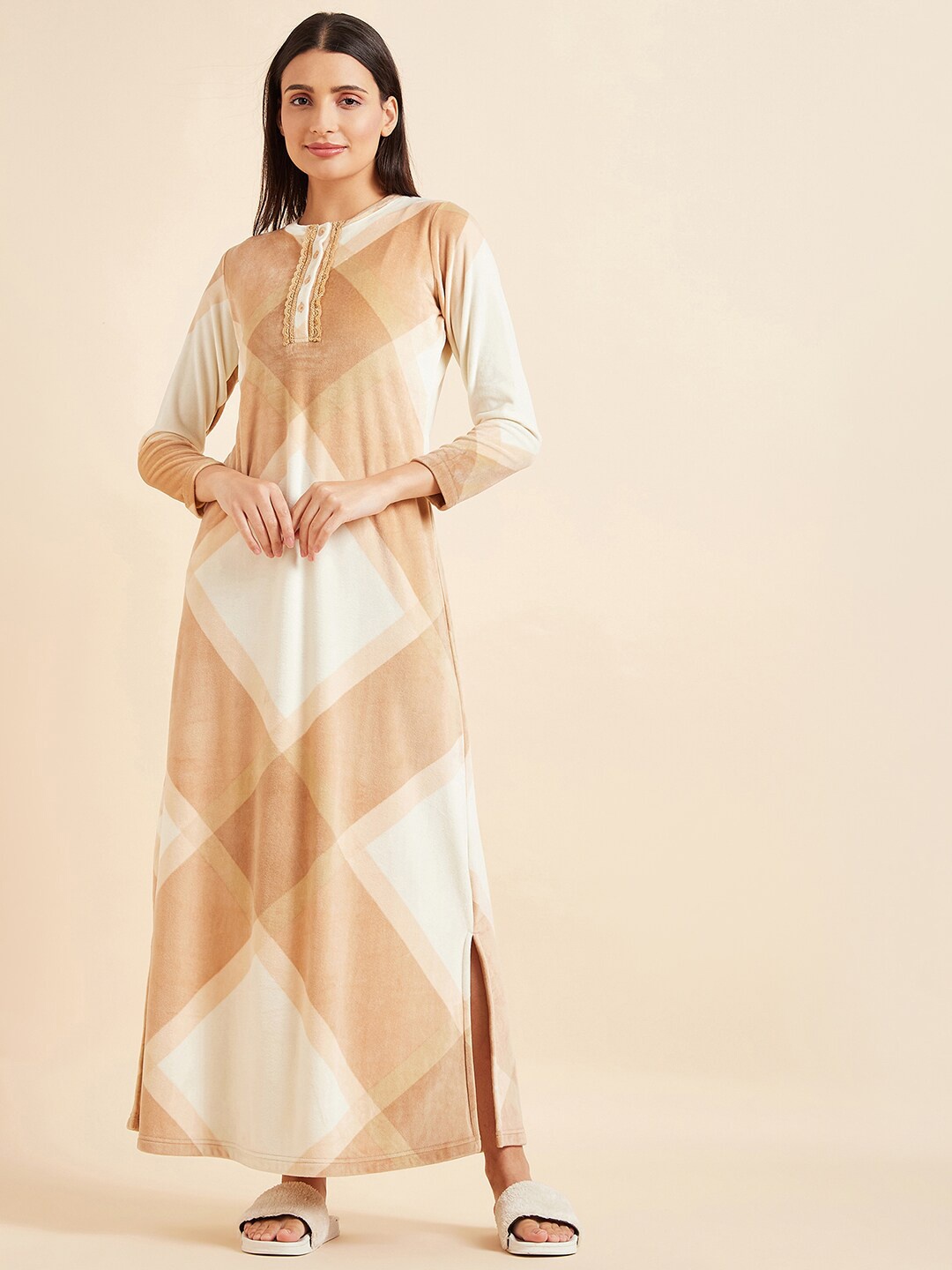 

Sweet Dreams Beige Geomteric Printed Maxi Nightdress