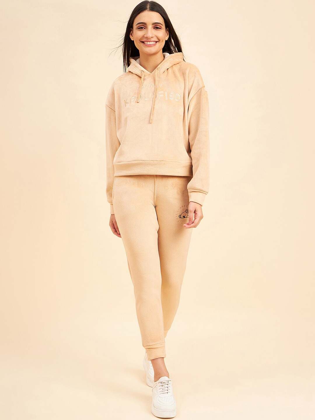 

Sweet Dreams Beige Typography Printed Hooded Tracksuits