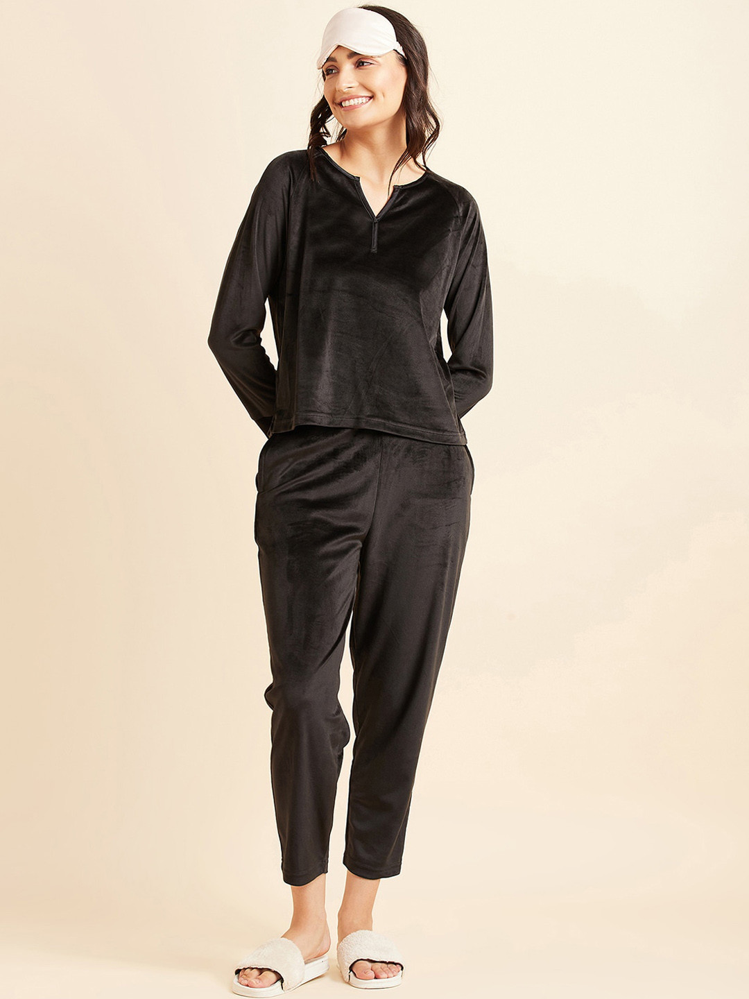 

Sweet Dreams Notched Neck Top With Pyjamas, Black