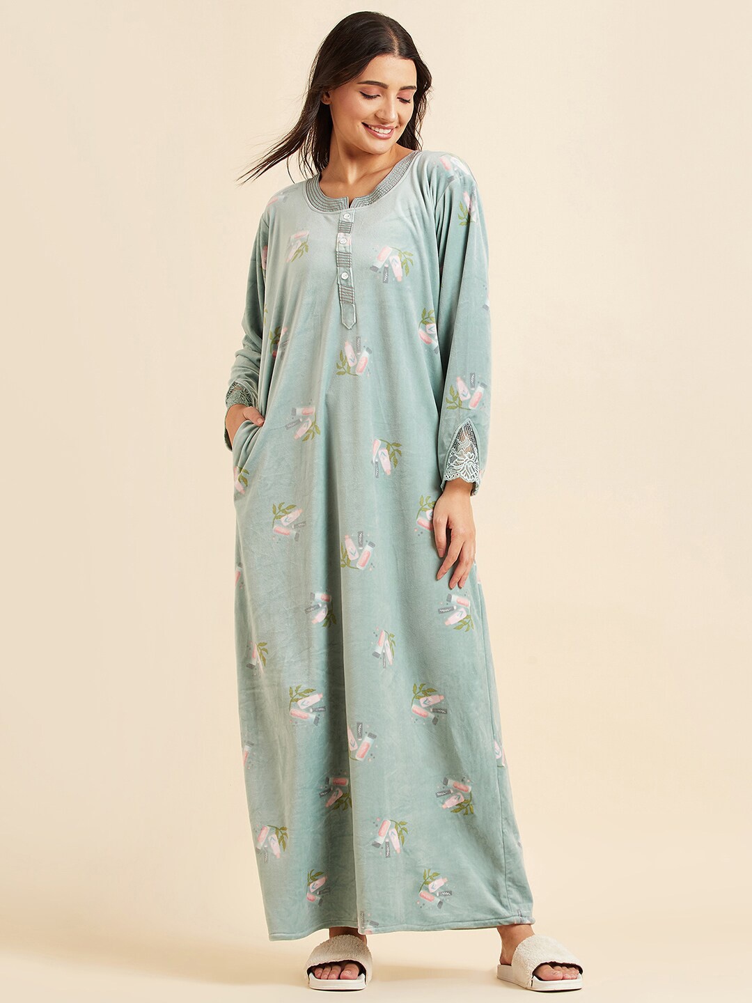 

Sweet Dreams Green Conversational Printed Maxi Nightdress