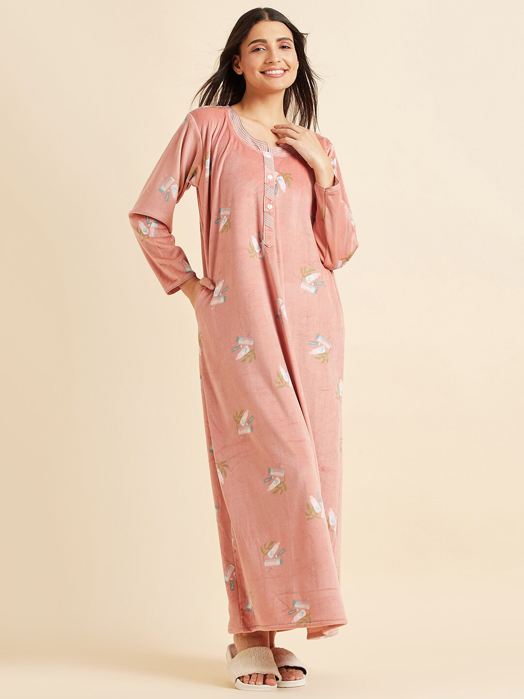 

Sweet Dreams Peach Conversational Printed Maxi Nightdress