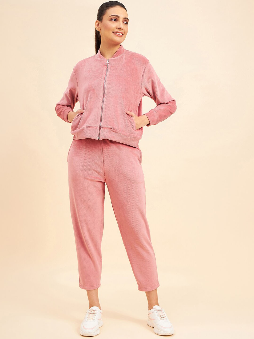 

Sweet Dreams Peach Mock Collar Mid Rise Tracksuits