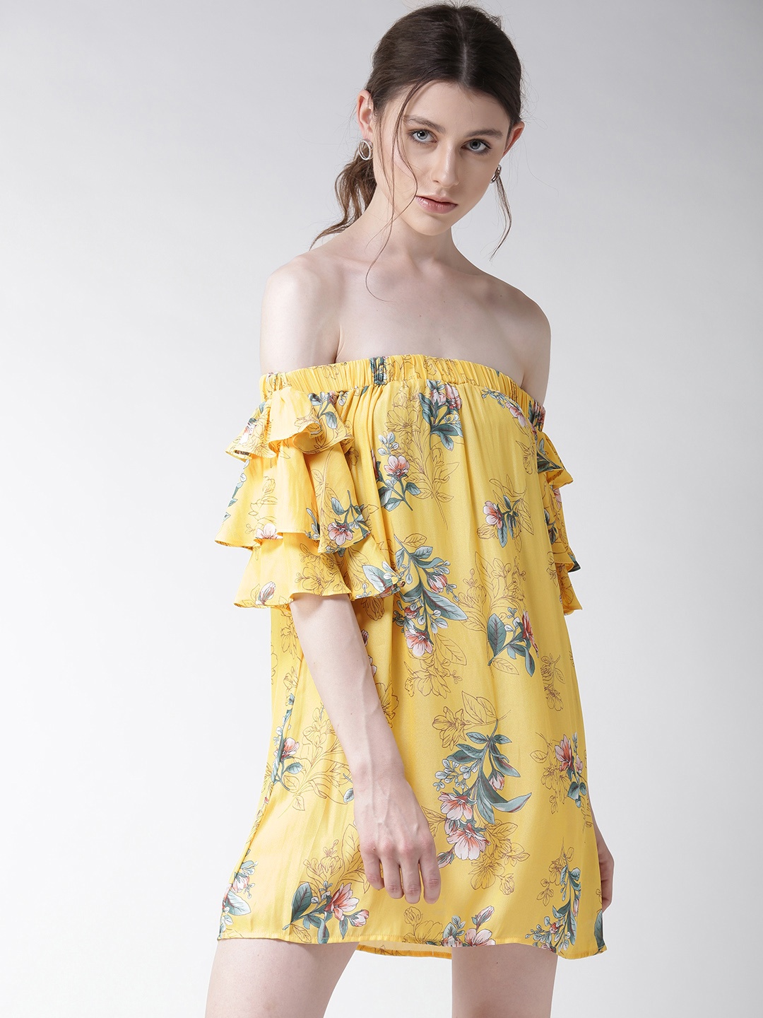 

FOREVER 21 Women Yellow Printed Off-Shoulder A-Line Dress