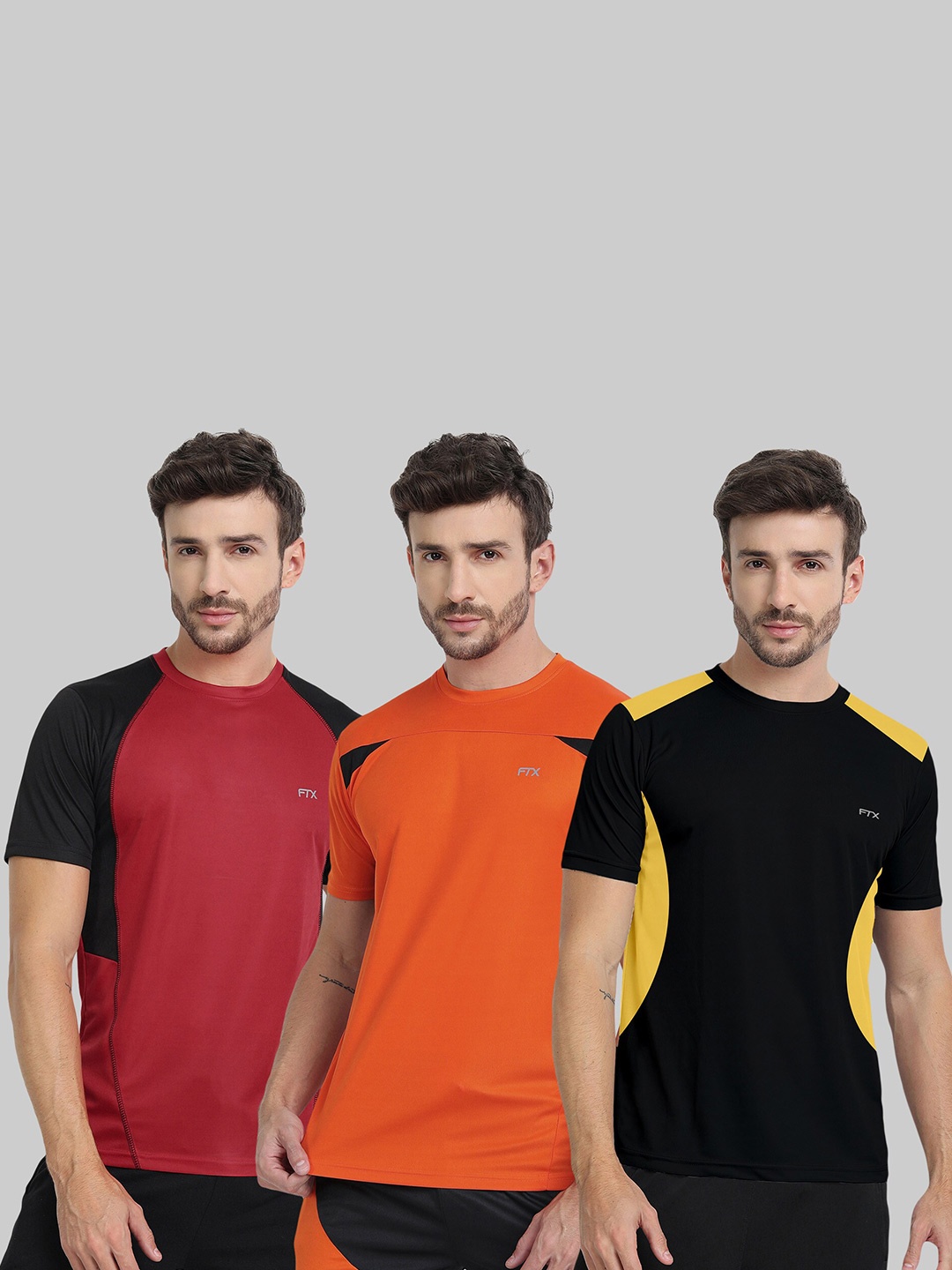 

FTX Pack Of 3 Colourblocked Round Neck Regular Fit Dry Fit Sports T-shirt, Red