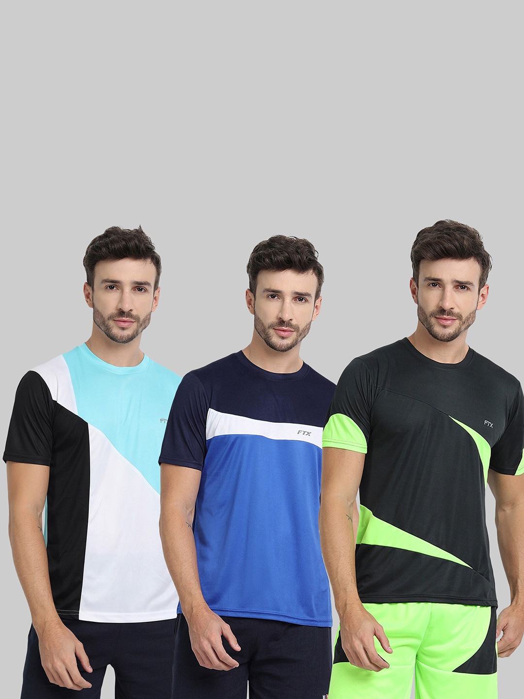 

FTX Pack Of 3 Colourblocked Round Neck Regular Fit Dry Fit Sports T-shirt, Blue