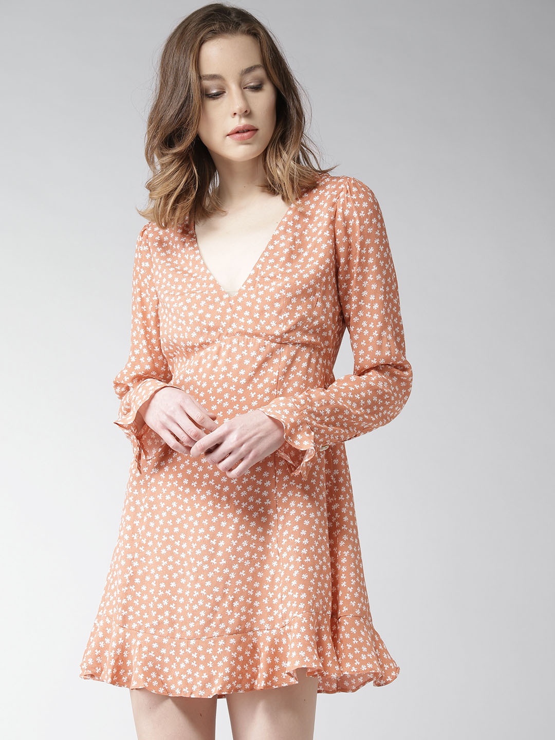 

FOREVER 21 Women Peach-Coloured Floral Print Mini Fit & Flare Dress