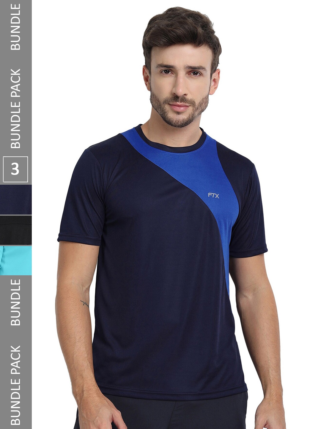 

FTX Pack Of 3 Colourblocked Round Neck Sports T-shirt, Navy blue