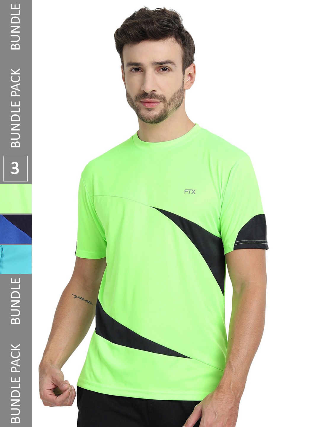 

FTX Pack Of 3 Colourblocked Round Neck Dry Fit Sports T-shirt, Fluorescent green