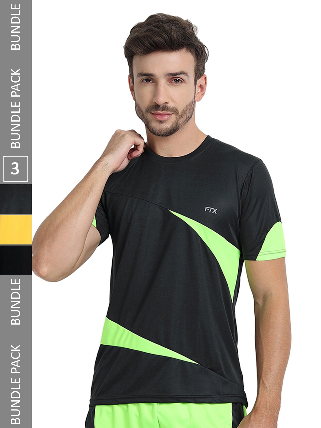 

FTX Pack Of 3 Colourblocked Round Neck Dry Fit Sports T-shirt, Black