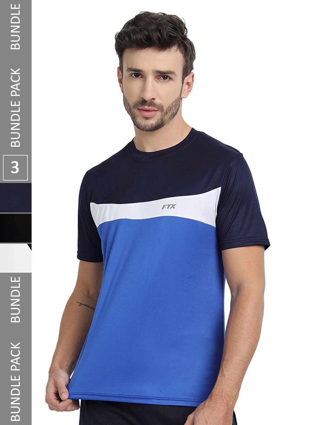 

FTX Pack Of 3 Colourblocked Round Neck Dry-Fit Sports T-shirt, Blue