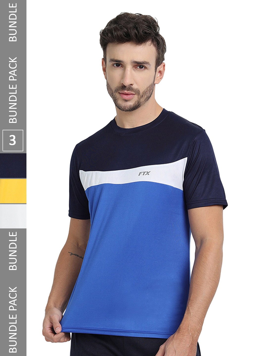 

FTX Pack Of 3 Colourblocked Round Neck Dry-Fit Sports T-shirt, Navy blue