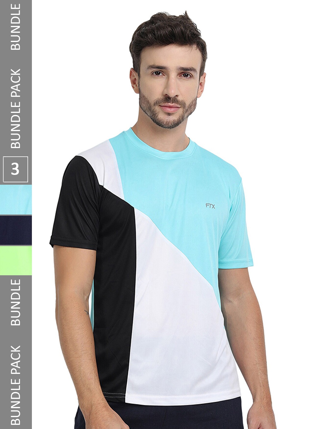 

FTX Pack Of 3 Colourblocked Round Neck Dry-Fit Sports T-shirt, Turquoise blue