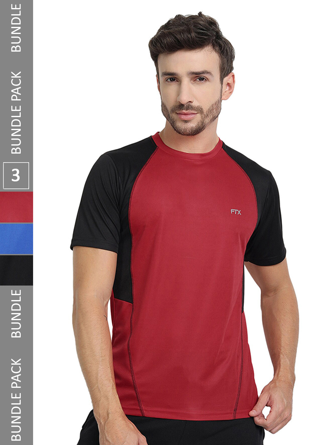 

FTX Pack Of 3 Colourblocked Round Neck Dry-Fit Sports T-shirt, Red