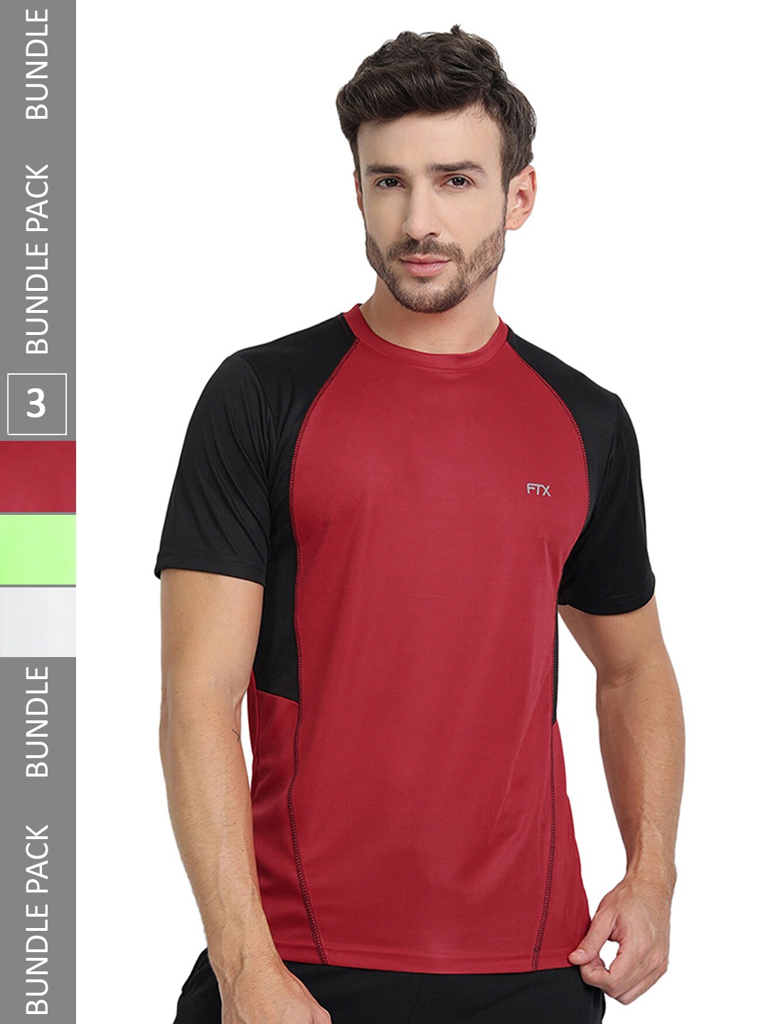 

FTX Pack Of 3 Colourblocked Round Neck Dry-Fit Sports T-shirt, Red