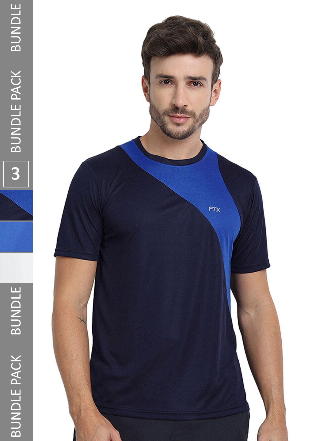 

FTX Pack Of 3 Colourblocked Round Neck Dry-Fit Sports T-shirt, Navy blue