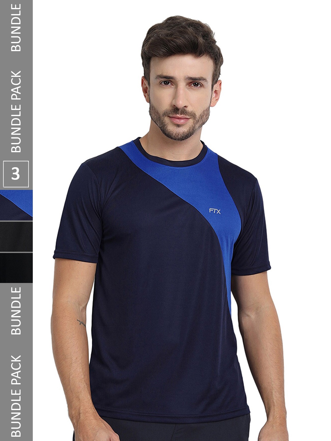 

FTX Pack 3 Colourblocked Round Neck Dry-Fit Sports T-shirt, Black