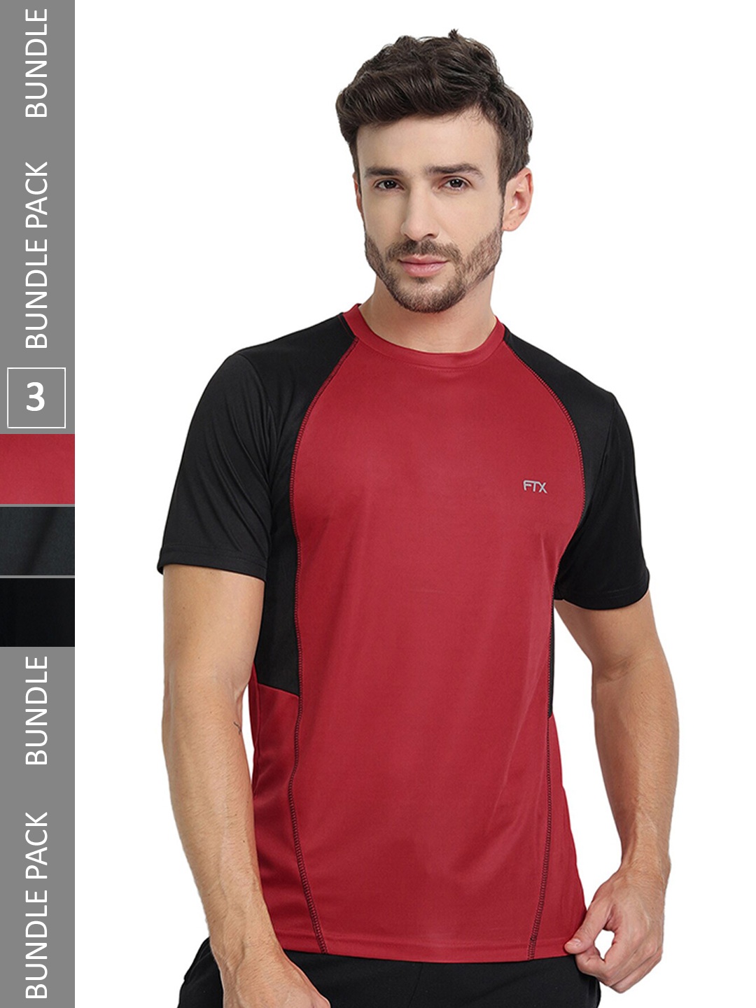 

FTX Pack Of 3 Colourblocked Round Neck Dry-Fit Sports T-shirt, Multi