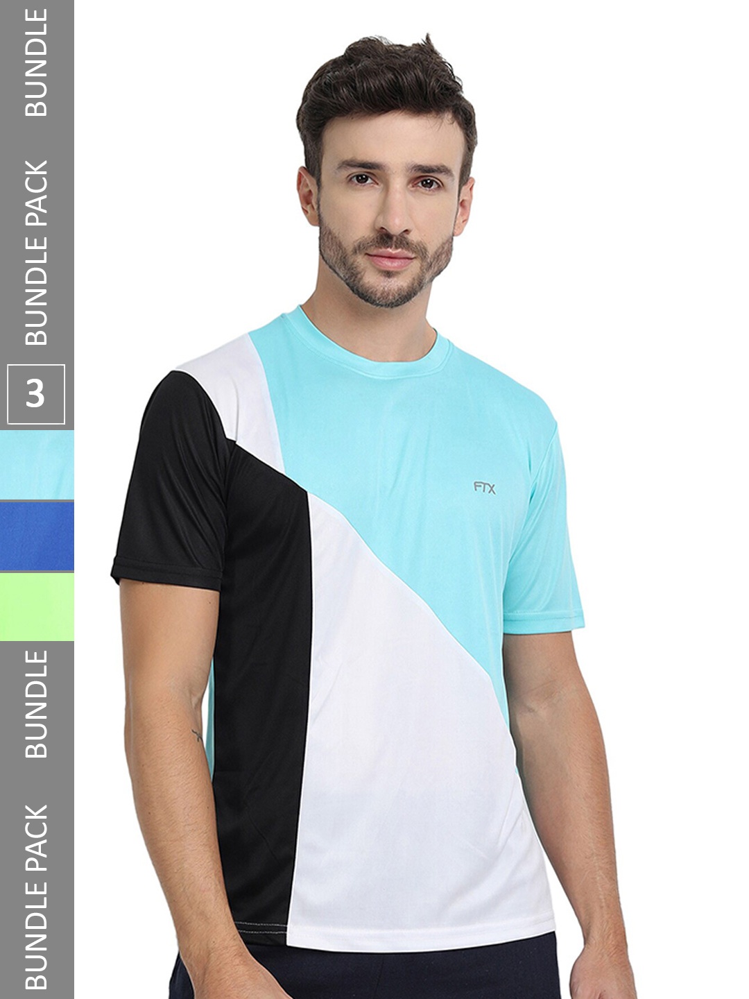 

FTX Pack Of 3 Colourblocked Round Neck Dry-Fit Sports T-shirt, Blue