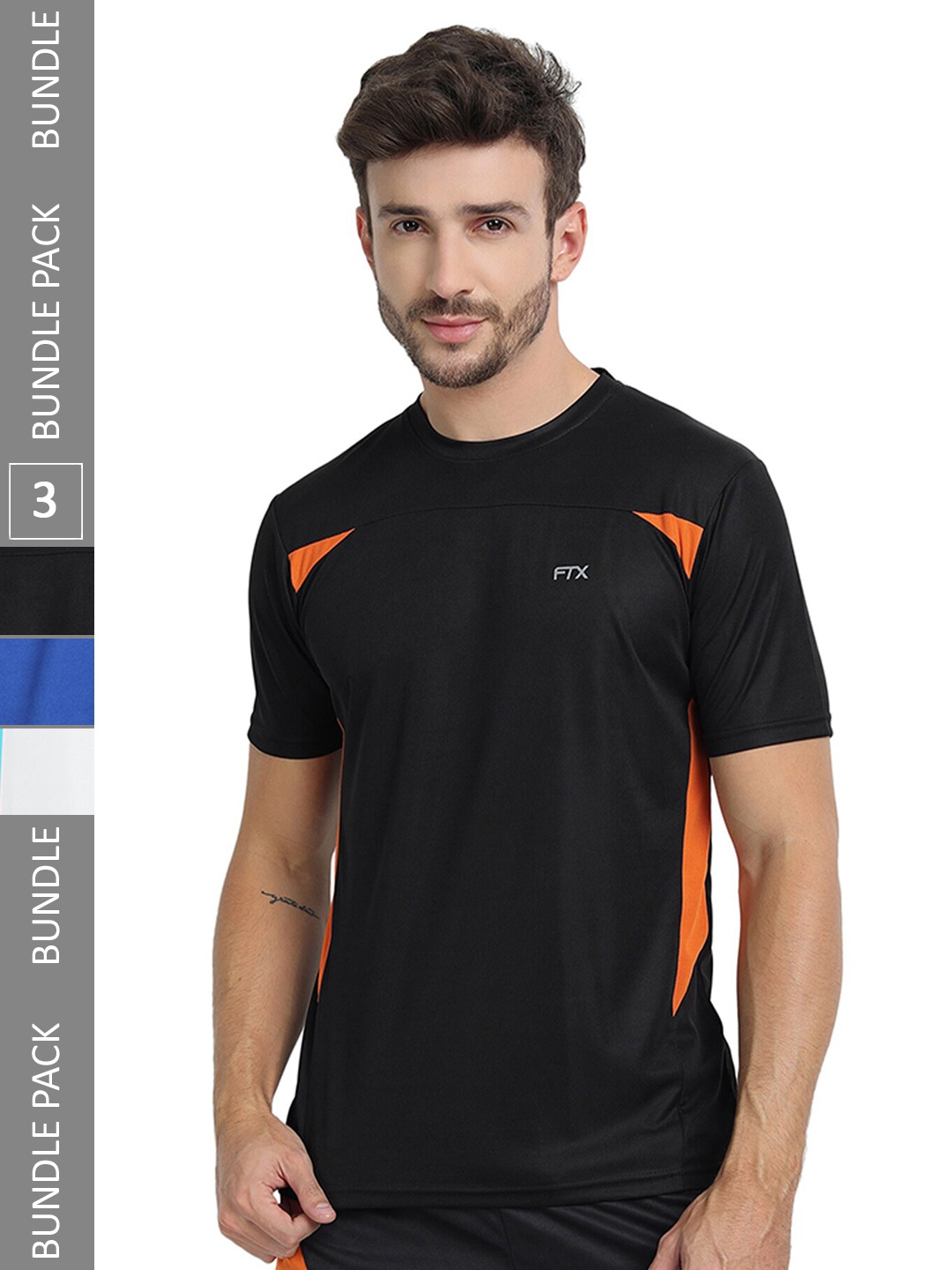 

FTX Pack of 3 Colourblocked Round Neck Dry-Fit Sports T-shirt, Black