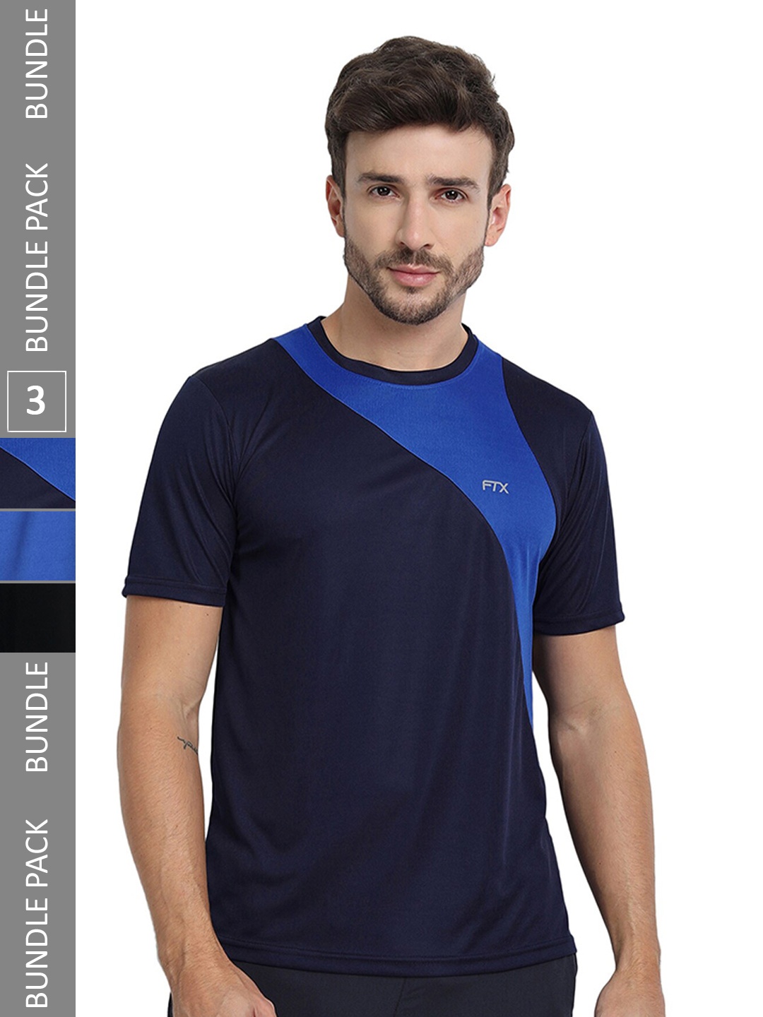 

FTX Pack Of 3 Colourblocked Round Neck Dry-Fit Sports T-shirt, Navy blue