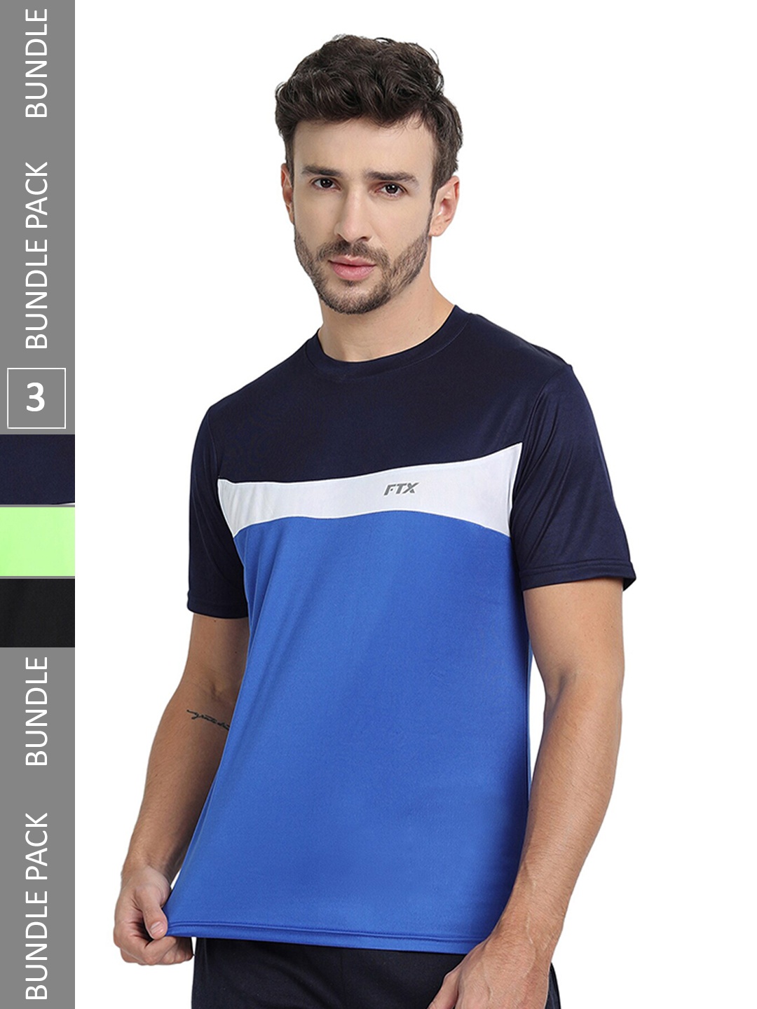 

FTX Pack Of 3 Colourblocked Round Neck Knitted Dry Fit Sports T-shirt, Navy blue
