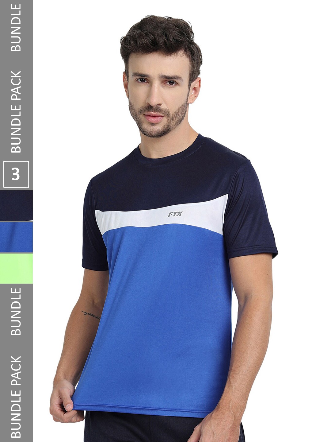 

FTX Pack Of 3 Colourblocked Round Neck Dry-Fit Sports T-shirt, Navy blue