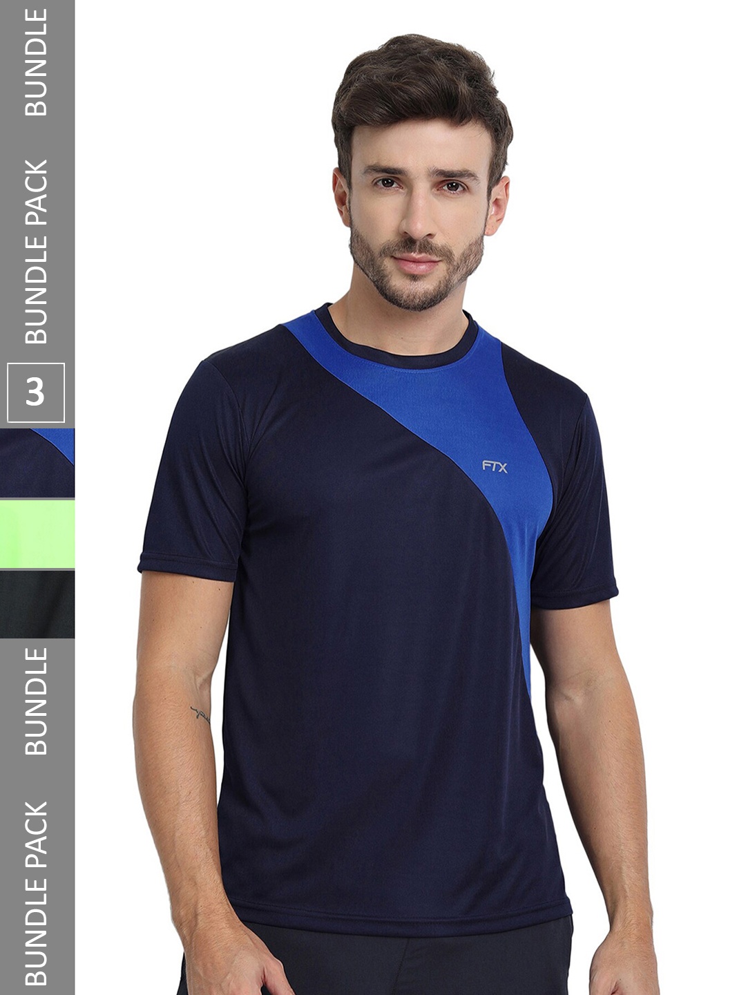 

FTX Pack Of 3 Colourblocked Round Neck Dry-Fit Sports T-shirt, Navy blue