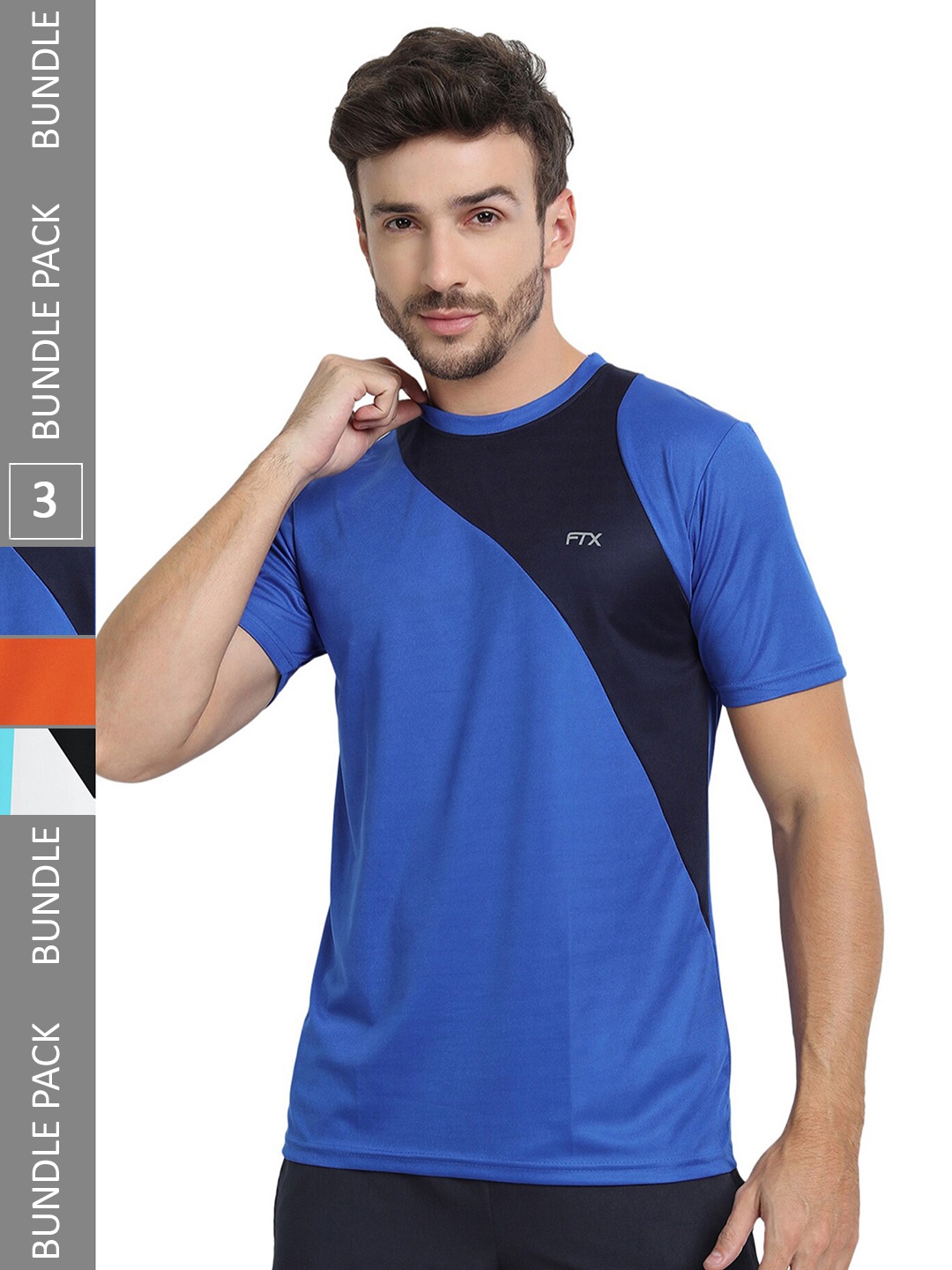 

FTX Pack Of 3 Colourblocked Round Neck Dry-Fit Sports T-shirt, Blue