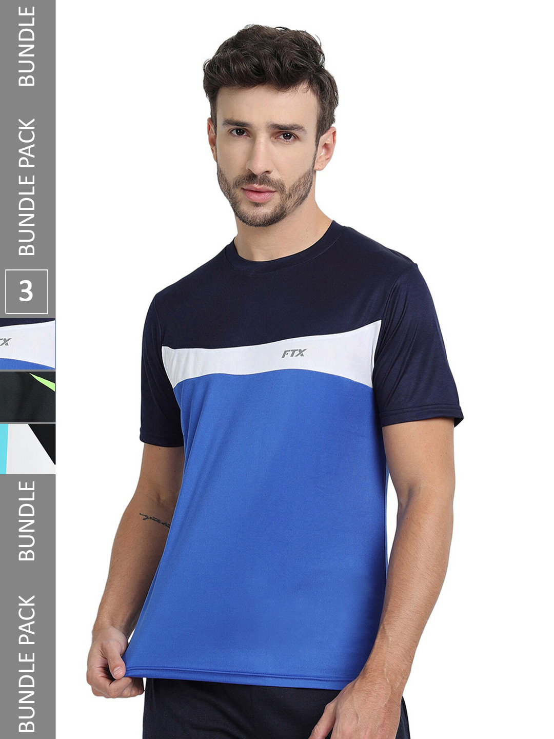 

FTX Pack Of 3 Colourblocked Round Neck Dry-Fit Sports T-shirt, Blue