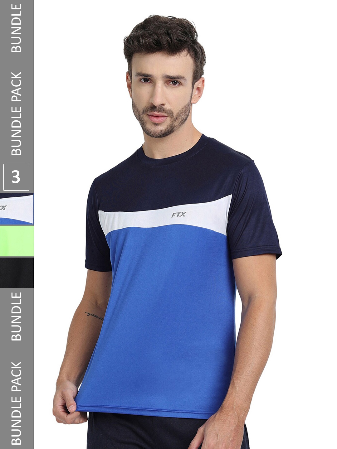 

FTX Pack Of 3 Colourblocked Round Neck Dry-Fit Sports T-shirt, Blue