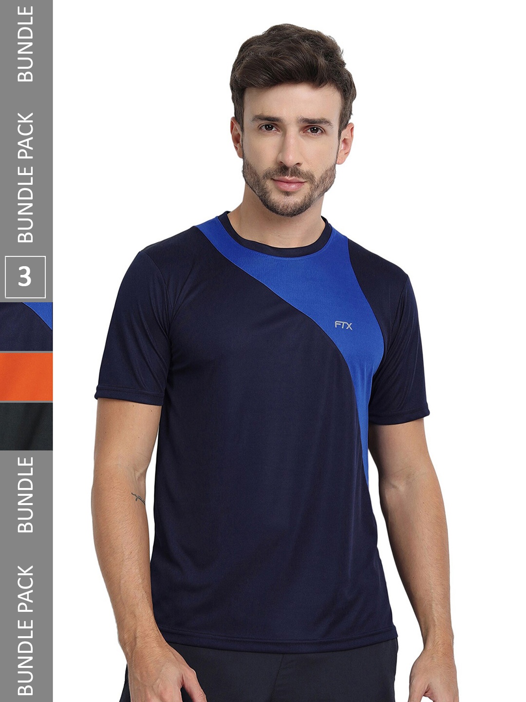 

FTX Pack Of 3 Colourblocked Round Neck Dry-Fit Sports T-shirt, Navy blue