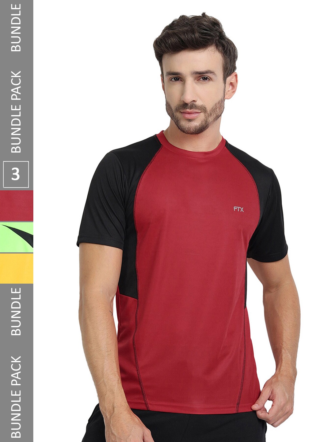 

FTX Pack of 3 Colourblocked Round Neck Dry-Fit Sports T-shirt, Red