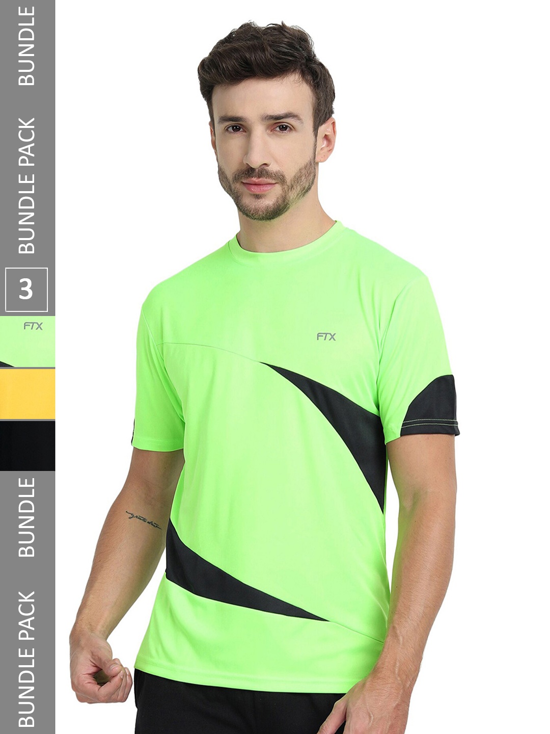 

FTX Pack of 3 Colourblocked Round Neck Dry-Fit Sports T-shirt, Green