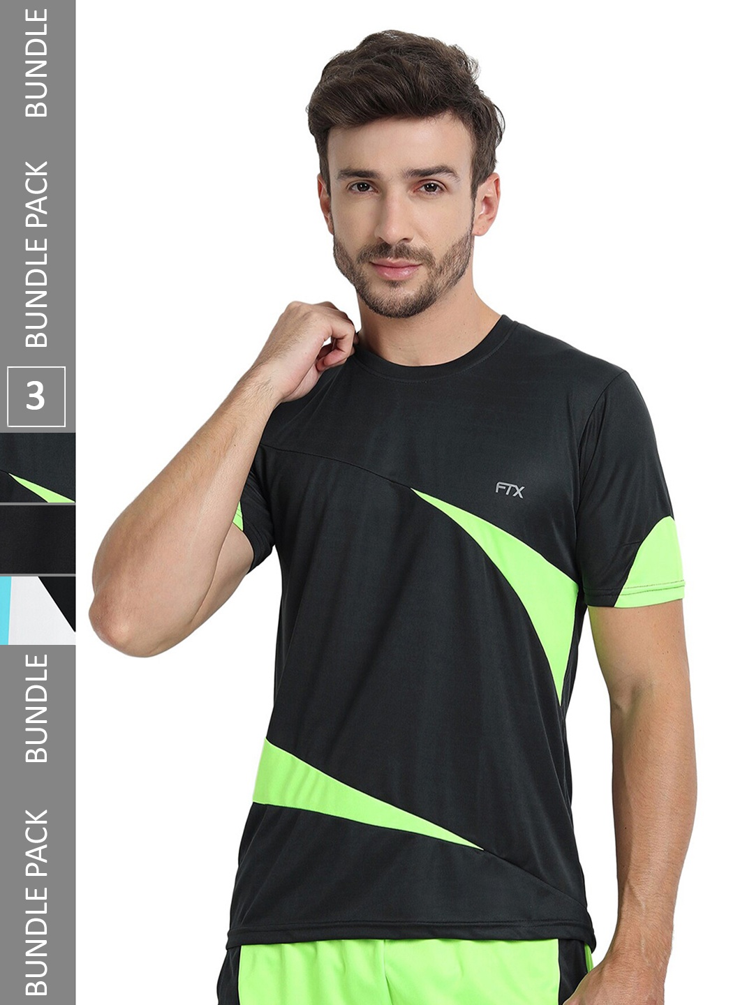 

FTX Pack of 3 Colourblocked Round Neck Dry-Fit Sports T-shirt, Black