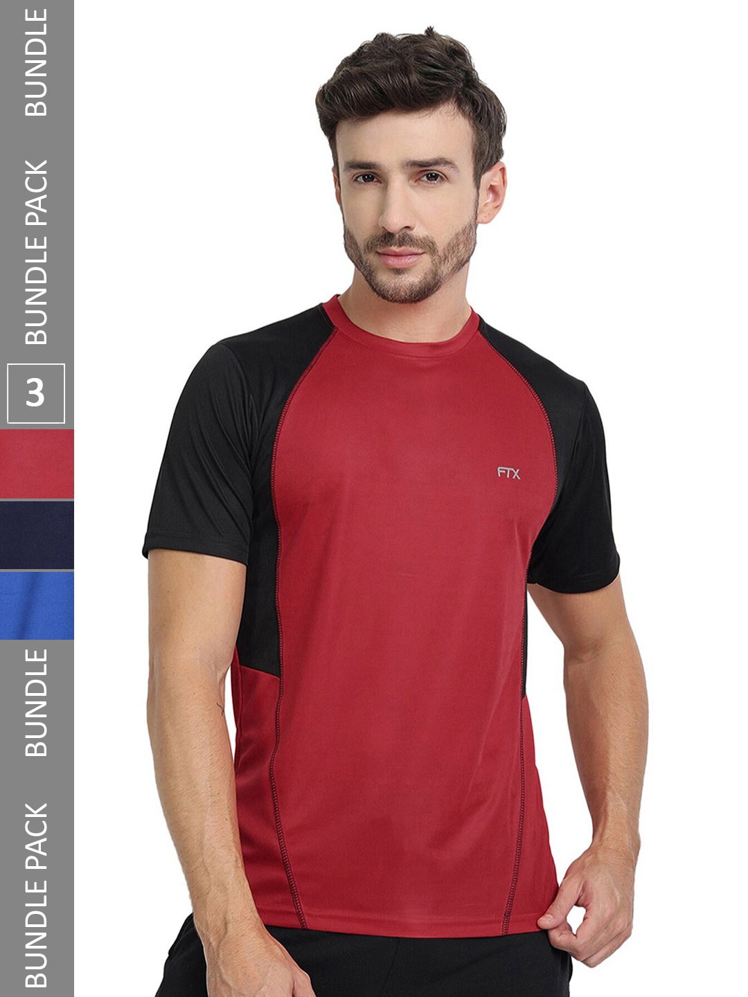 

FTX Pack of 3 Colourblocked Round Neck Dry-Fit Sports T-shirt, Red