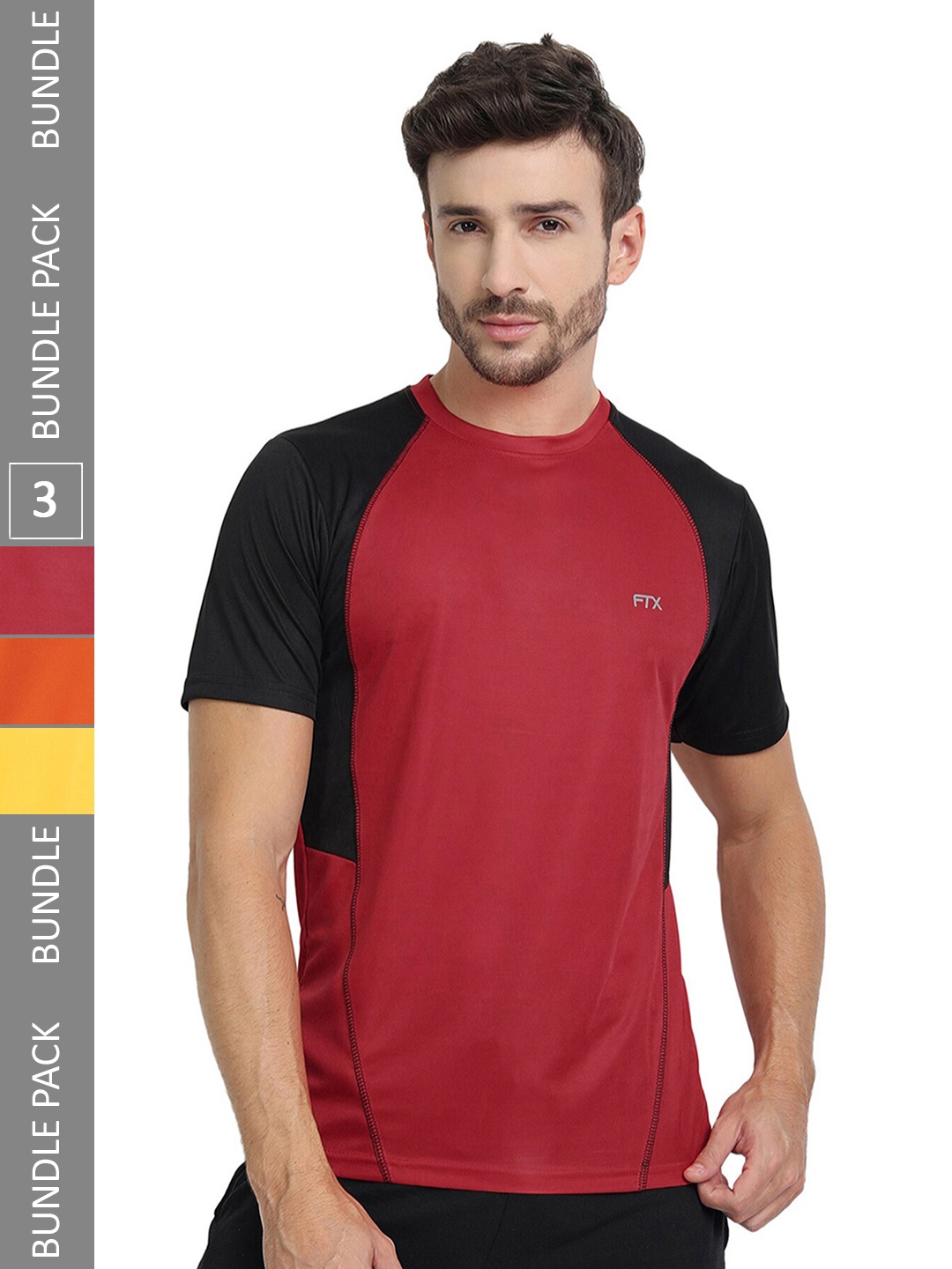 

FTX Pack Of 3 Colourblocked Round Neck Dry-Fit Sports T-shirt, Red