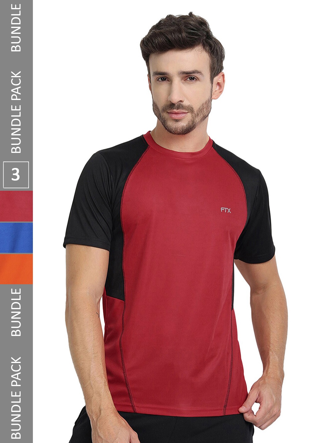 

FTX Pack Of 3 Colourblocked Round Neck Dry-Fit Sports T-shirt, Red